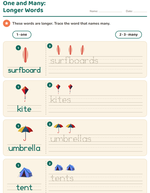 Preview of Singular and Plural worksheet featuring Summer for kindergarten