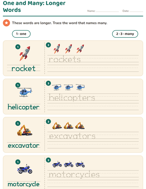 One and Many: Longer Words with Rocket, Helicopter and Excavator
