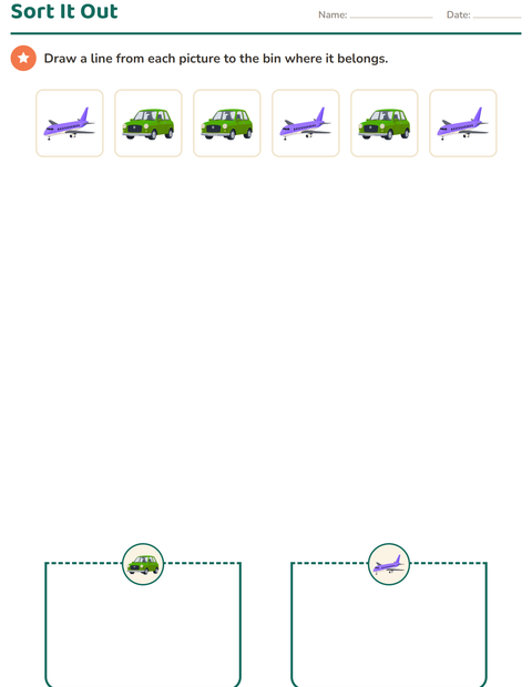 Preview of Sorting and Categorizing worksheet featuring Vehicles for kindergarten