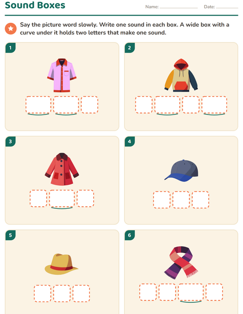 Preview of Sound Boxes worksheet featuring Clothing for kindergarten
