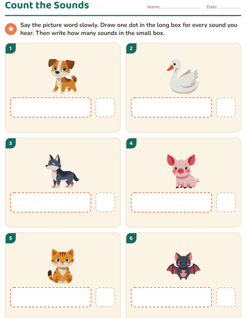 Preview of Sound Boxes worksheet featuring Animals for kindergarten