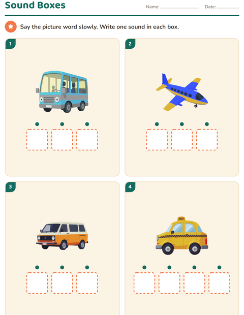 Preview of Sound Boxes worksheet featuring Vehicles for kindergarten