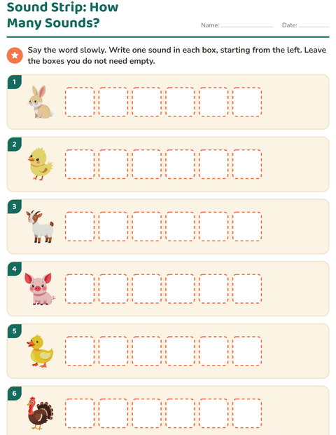 Preview of Sound Boxes worksheet featuring Farm Animals for grade 1
