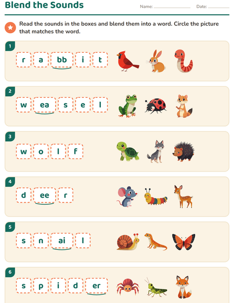 Preview of Sound Boxes worksheet featuring Forest Creatures for grade 1