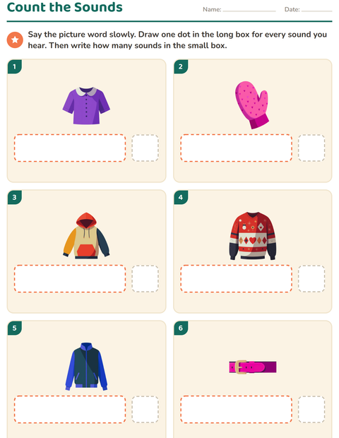 Preview of Sound Boxes worksheet featuring Clothing for kindergarten