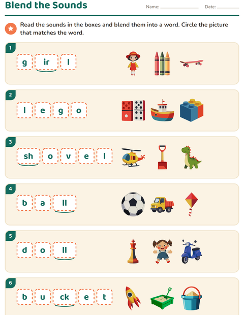 Preview of Sound Boxes worksheet featuring Toys for grade 1