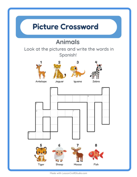 Preview of Learn Spanish: Animals – Picture Crossword for Kids