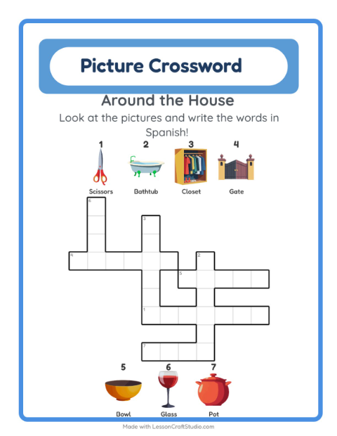 Preview of Learn Spanish: Household Things – Picture Crossword for Kids