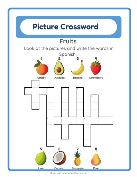 Preview of Learn Spanish: Fruits – Picture Crossword for Kids