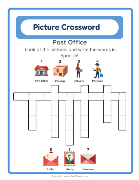 Preview of Learn Spanish: Post Office – Picture Crossword for Kids