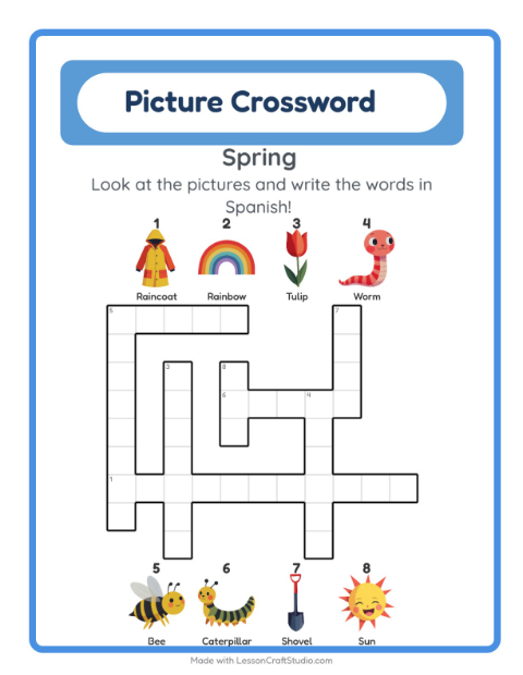 Preview of Learn Spanish: Spring – Picture Crossword for Kids
