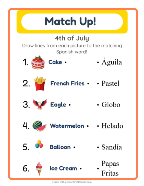 Picture-word match – Fourth of July Things
