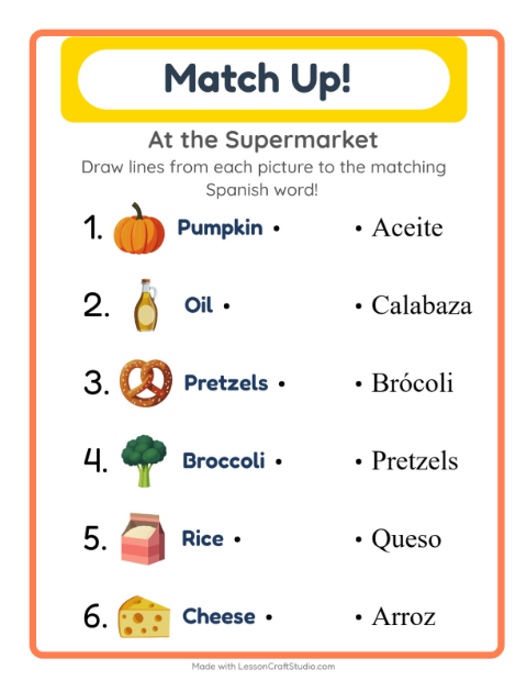 Preview of Learn Spanish: Supermarket Things – Picture-Word Match for Kids