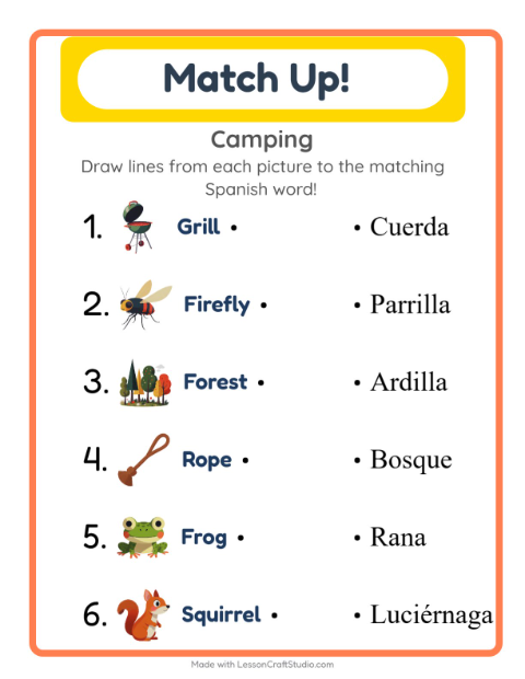 Picture-word match – Camping Gear