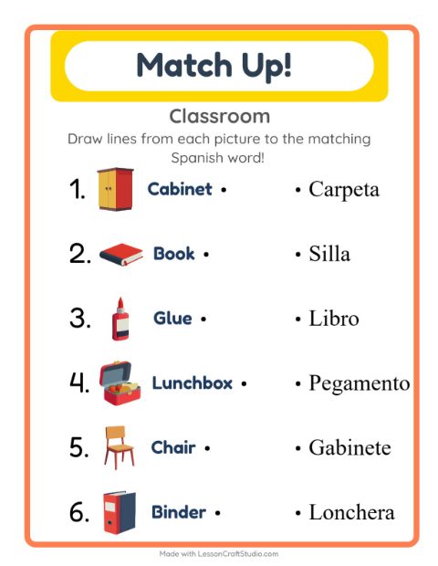 Picture-word match – Classroom Objects