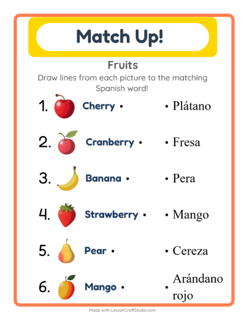 Preview of Learn Spanish: Fruits – Picture-Word Match for Kids