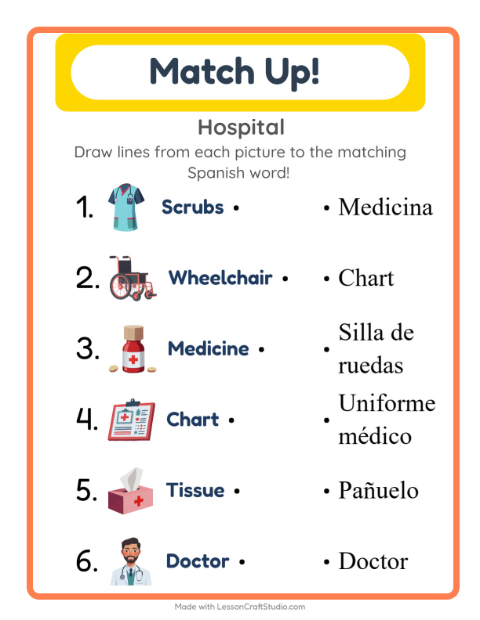 Picture-word match – Hospital Things