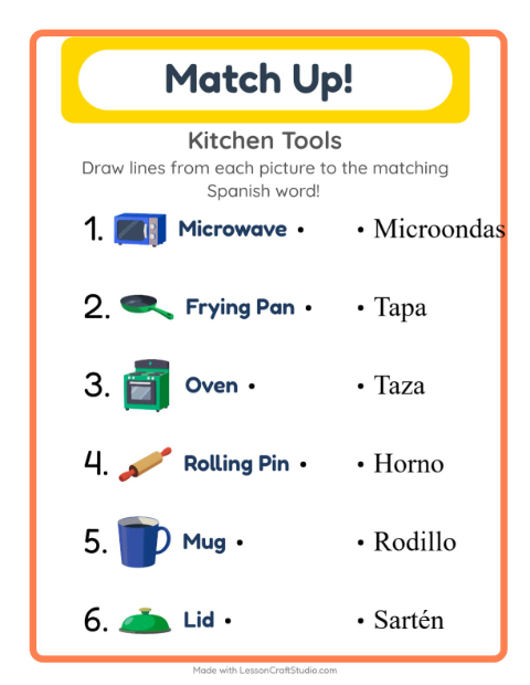Picture-word match – Kitchen Tools