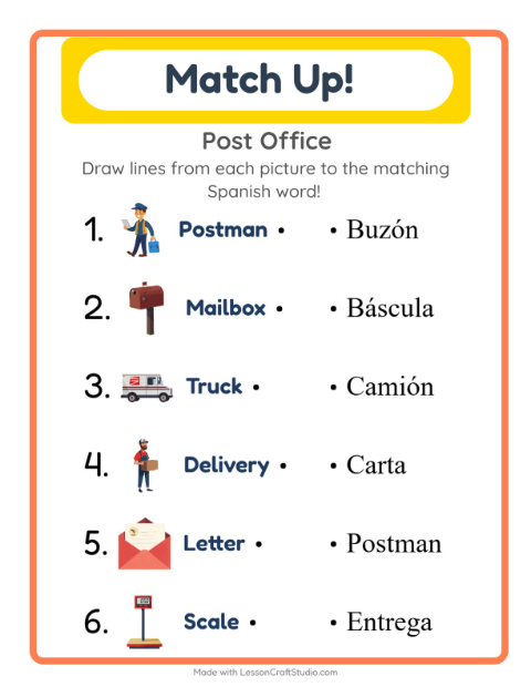 Preview of Learn Spanish: Post Office – Picture-Word Match for Kids