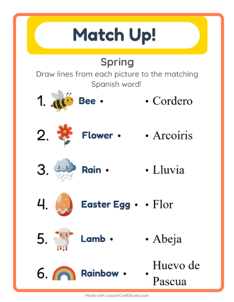 Preview of Learn Spanish: Spring – Picture-Word Match for Kids