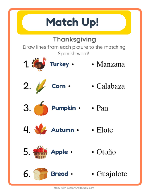 Picture-word match – Thanksgiving