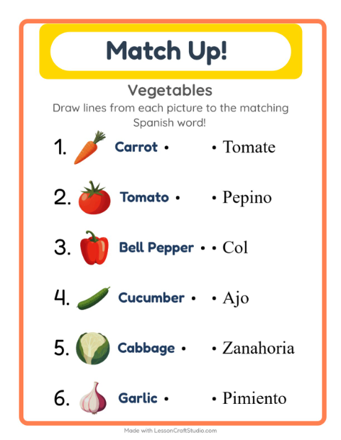 Picture-word match – Vegetables