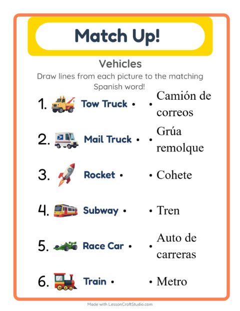 Preview of Learn Spanish: Vehicles – Picture-Word Match for Kids