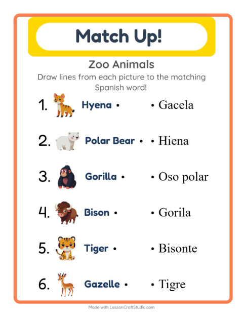Picture-word match – Zoo Animals