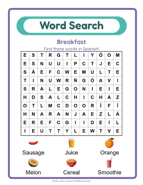 Picture word search – Breakfast