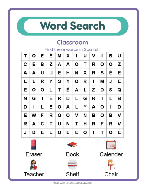 Picture word search – Classroom Objects