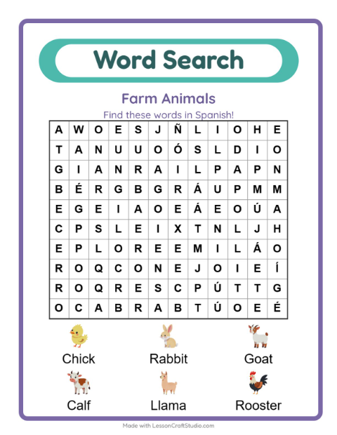 Picture word search – Farm Animals