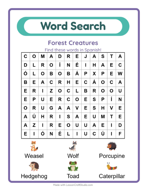 Picture word search – Forest Creatures