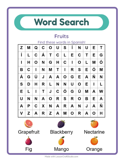 Preview of Learn Spanish: Fruits – Word Search for Kids