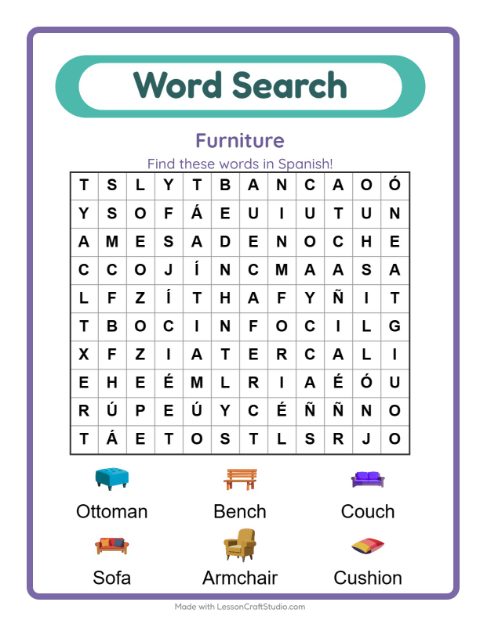 Preview of Learn Spanish: Furniture – Word Search for Kids