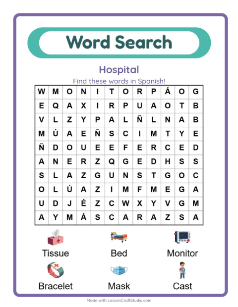 Preview of Learn Spanish: Hospital Things – Word Search for Kids