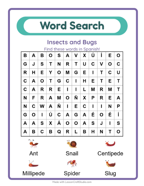 Picture word search – Insects and Bugs
