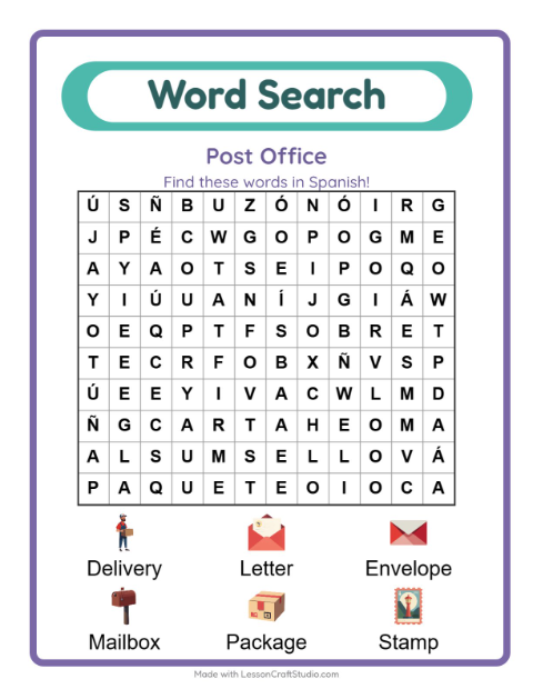 Preview of Learn Spanish: Post Office – Word Search for Kids