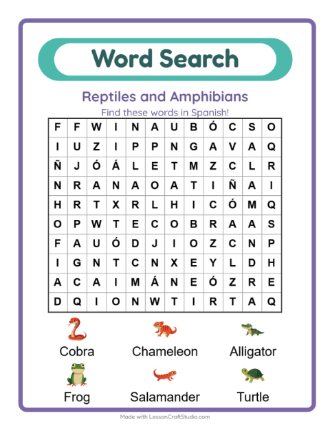Picture word search – Reptiles and Amphibians