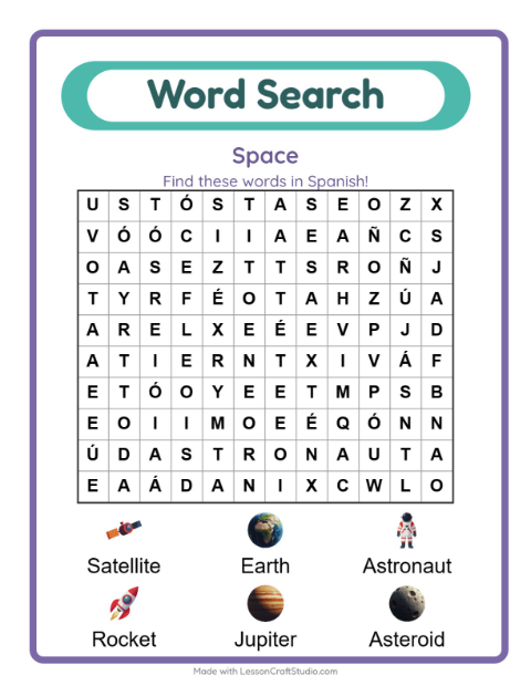 Preview of Learn Spanish: Space – Word Search for Kids