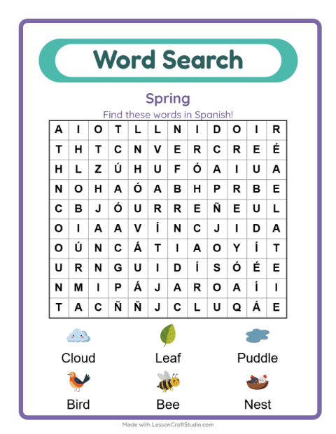 Preview of Learn Spanish: Spring – Word Search for Kids