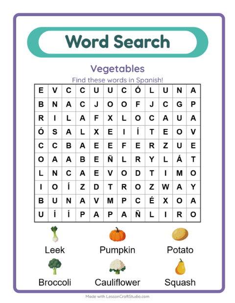 Picture word search – Vegetables