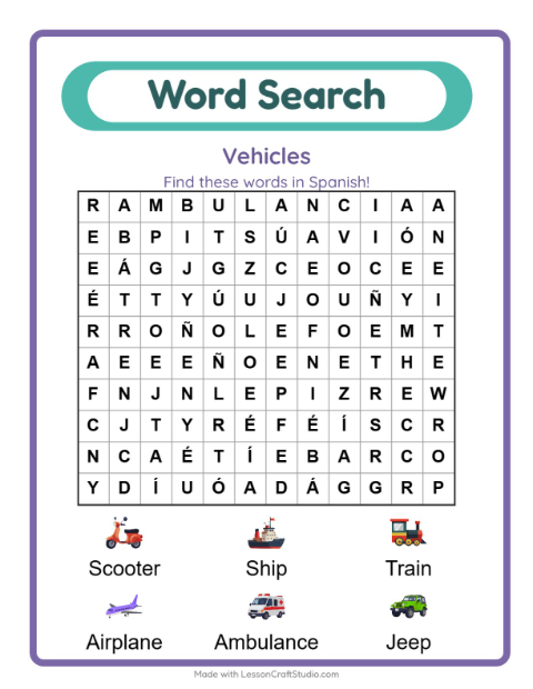Picture word search – Vehicles