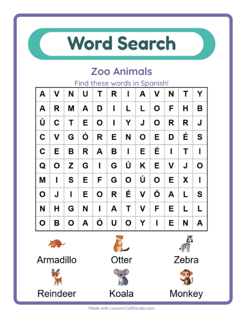 Picture word search – Zoo Animals