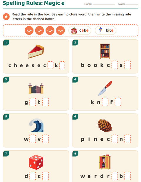 Spelling Rules: Write the Rule Letters Under Each Picture