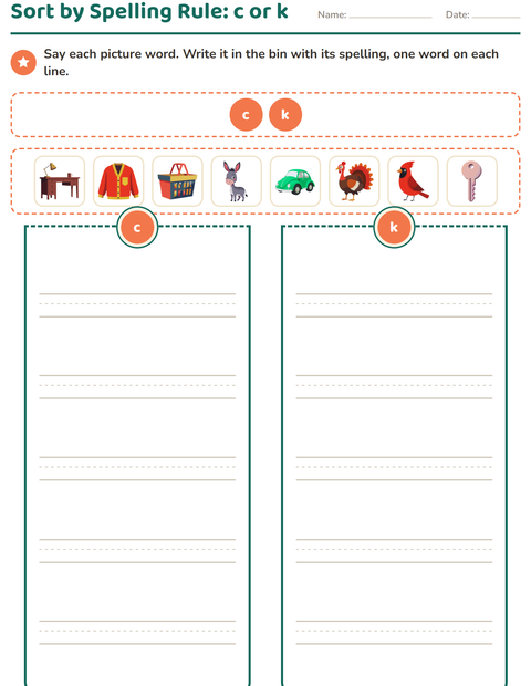 Sort by Spelling Rule: Write Each Picture Word in Its Bin