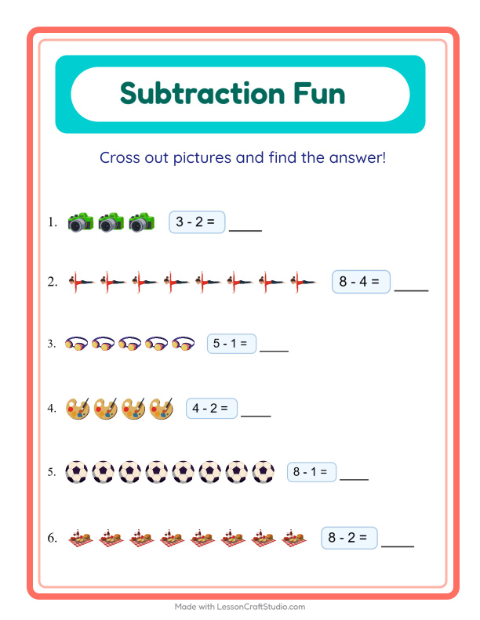Preview of Subtraction worksheet featuring Activities for kindergarten