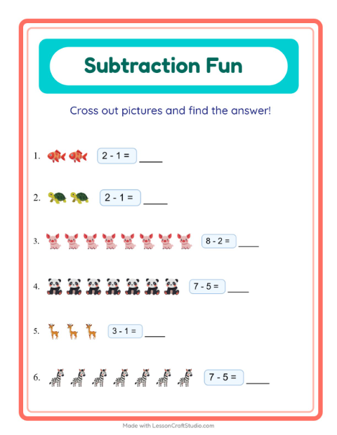 Subtraction with Animals — Kindergarten — 2