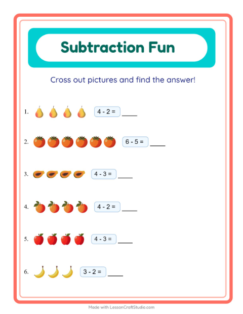Preview of Subtraction with Fruits — Kindergarten