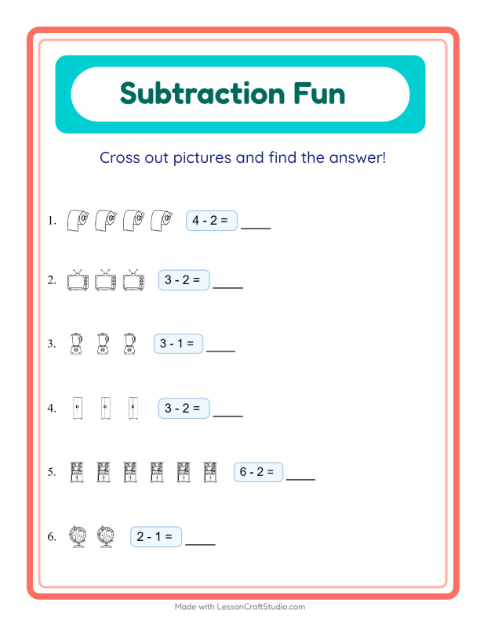 Preview of Subtraction worksheet featuring Household BW for kindergarten