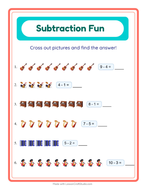 Preview of Subtraction with Musical Instruments — Kindergarten